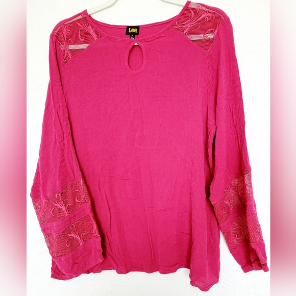 Lee Women's 100% Rayon Mesh Embriodered Boho Blouse Barbie Pink 1X - Picture 10 of 16